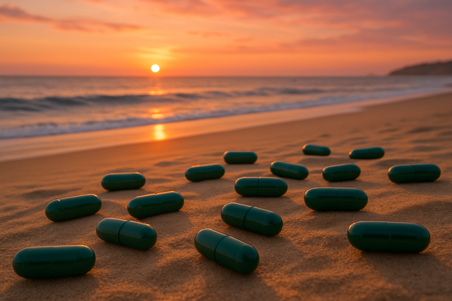 GREEN PILLS ON SAND WITH SUNSET