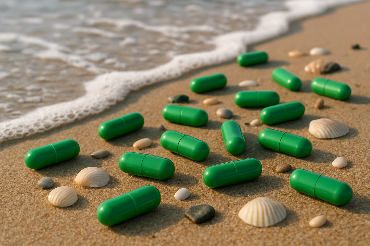 GREEN PILLS ON SHORE