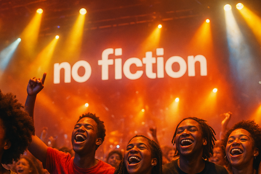 group of young black people at a concert with a sign that says "no fiction" in the background